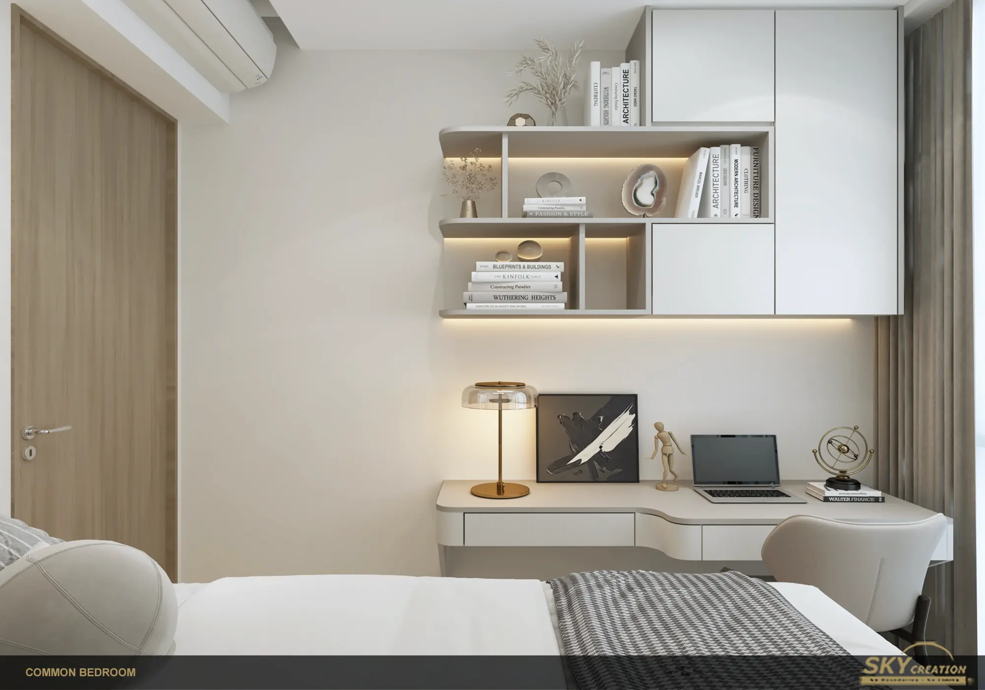 Condominium bedroom with a built-in desk, display shelving and concealed lighting