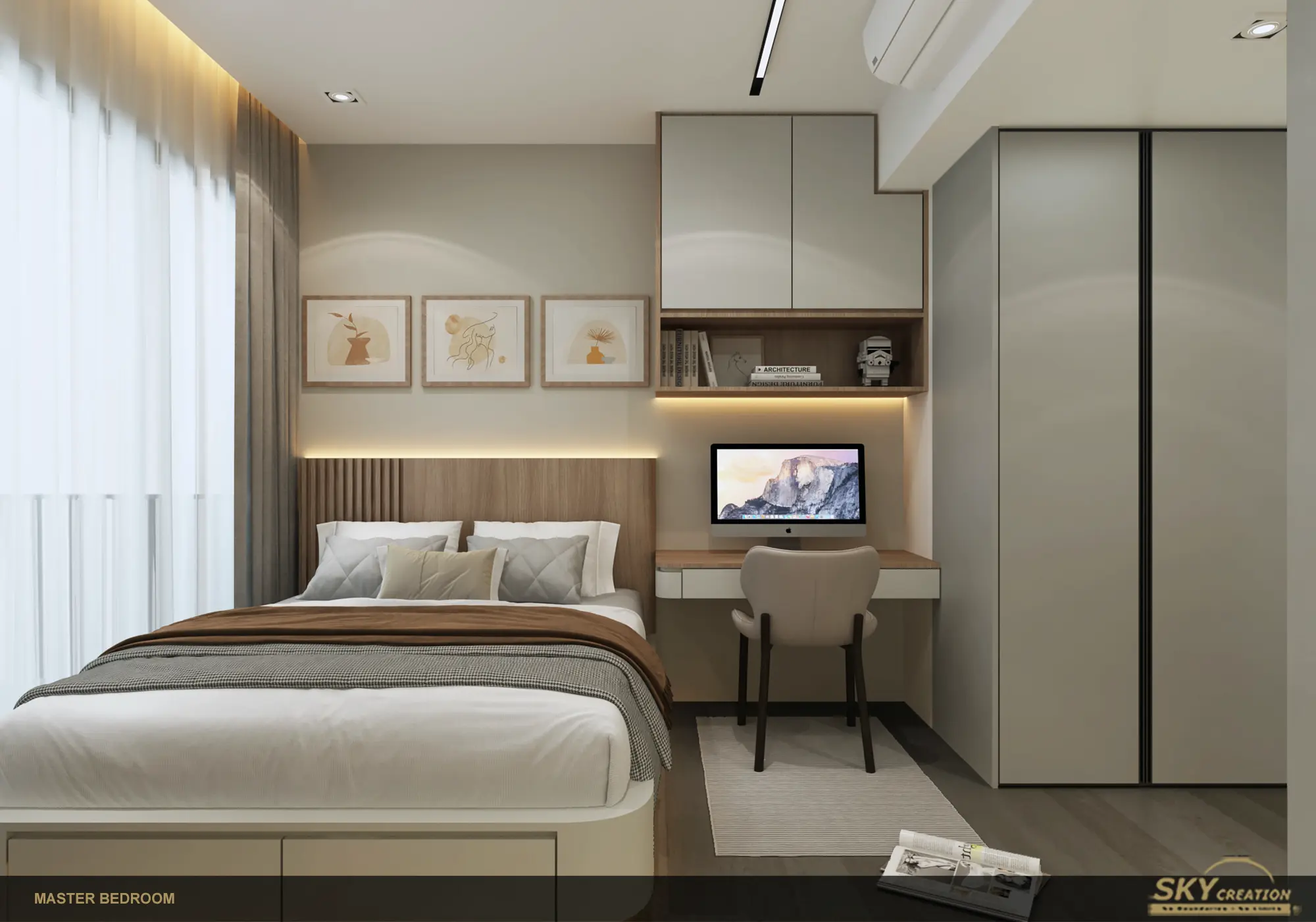 Sengkang Grand Residences bedroom with integrated wardrobe and study storage