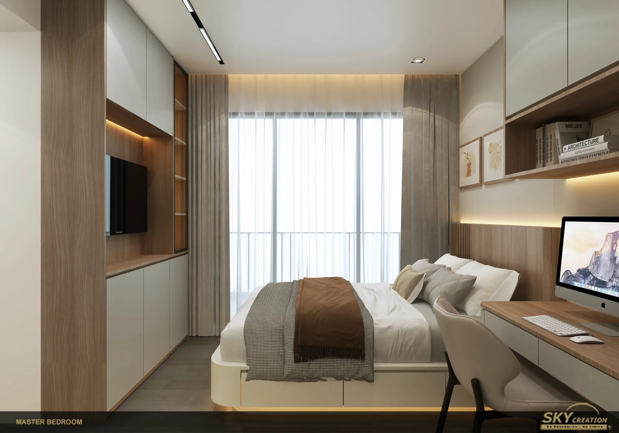 Compact bedroom planned with a window-side work area and full-height cabinetry