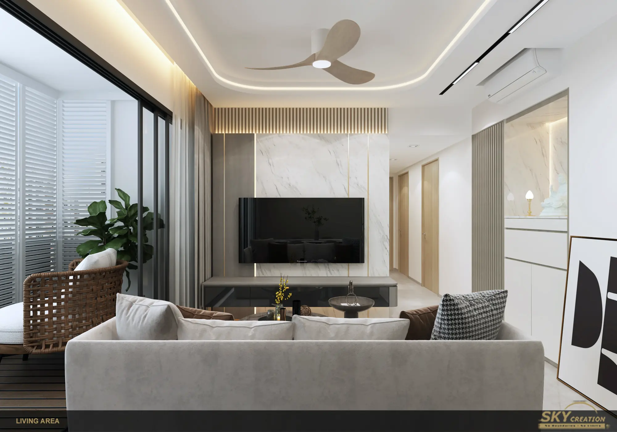 Sengkang Grand Residences living and dining area in a light neutral palette