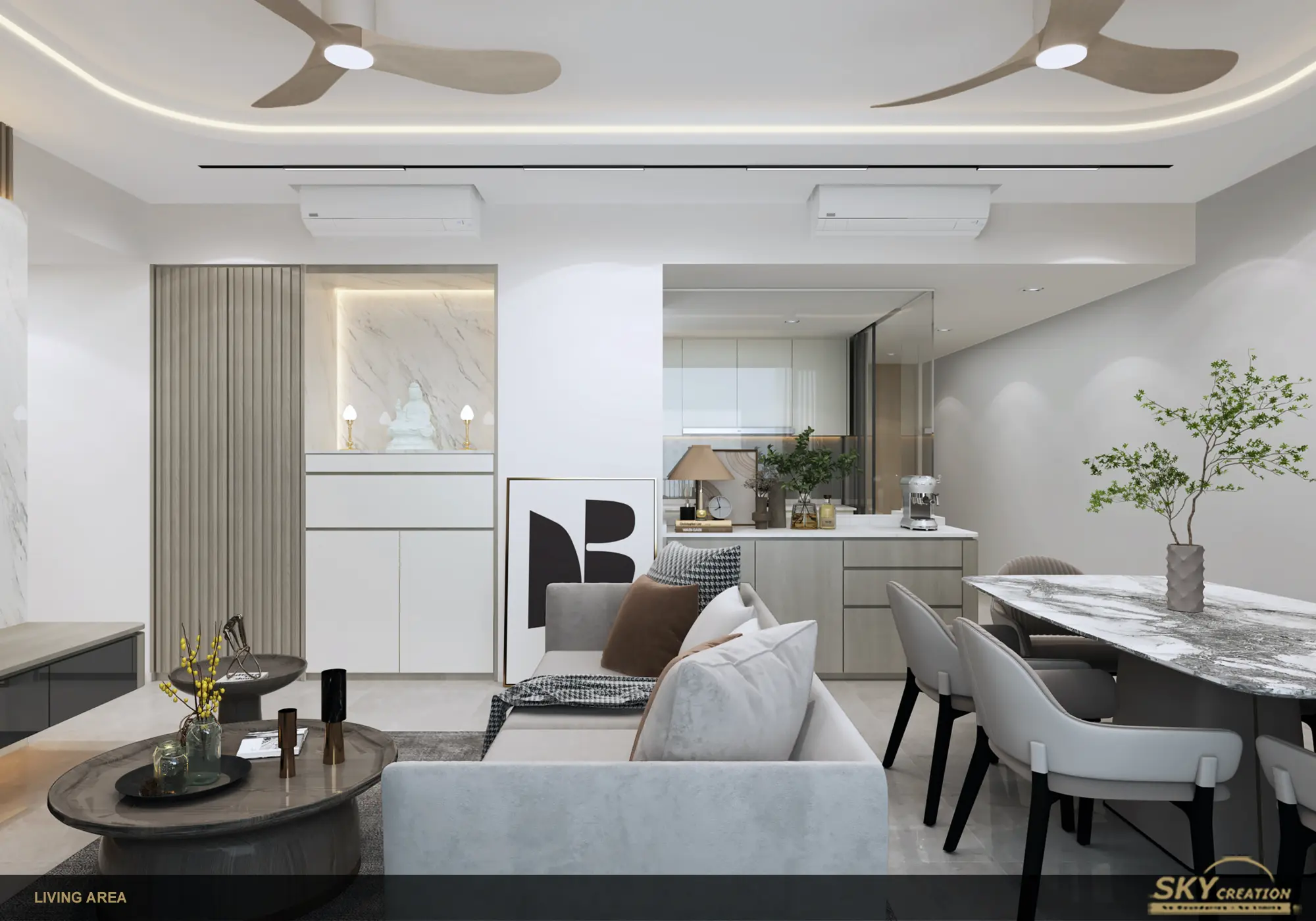Sengkang Grand Residences living room with a marble-look television feature and layered ceiling lighting