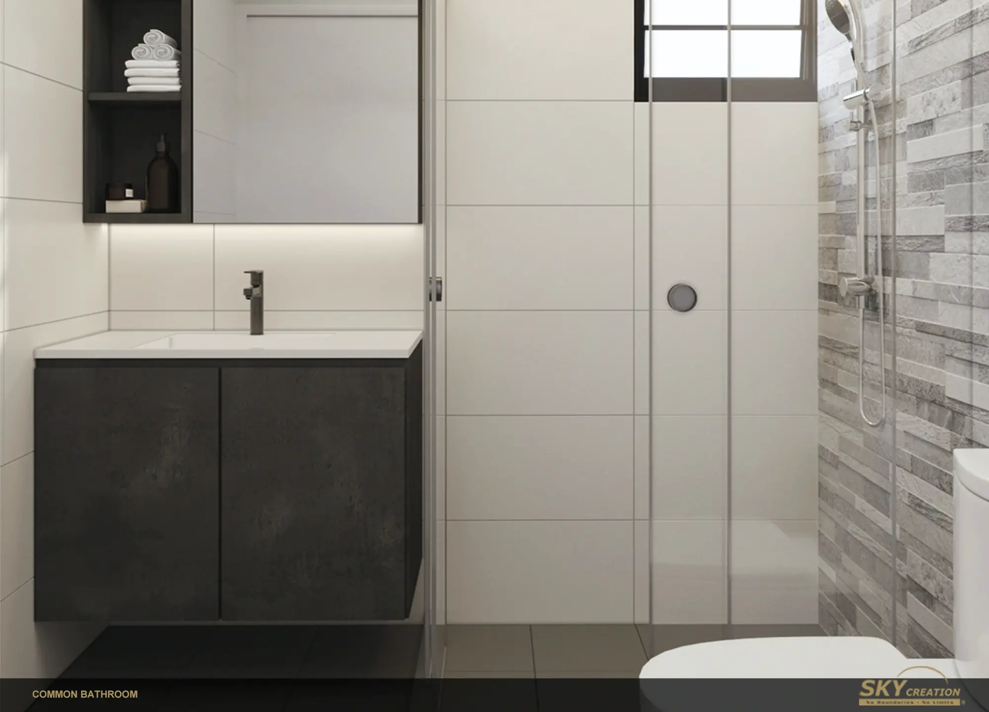 Common bathroom planned with practical storage and a clean modern finish