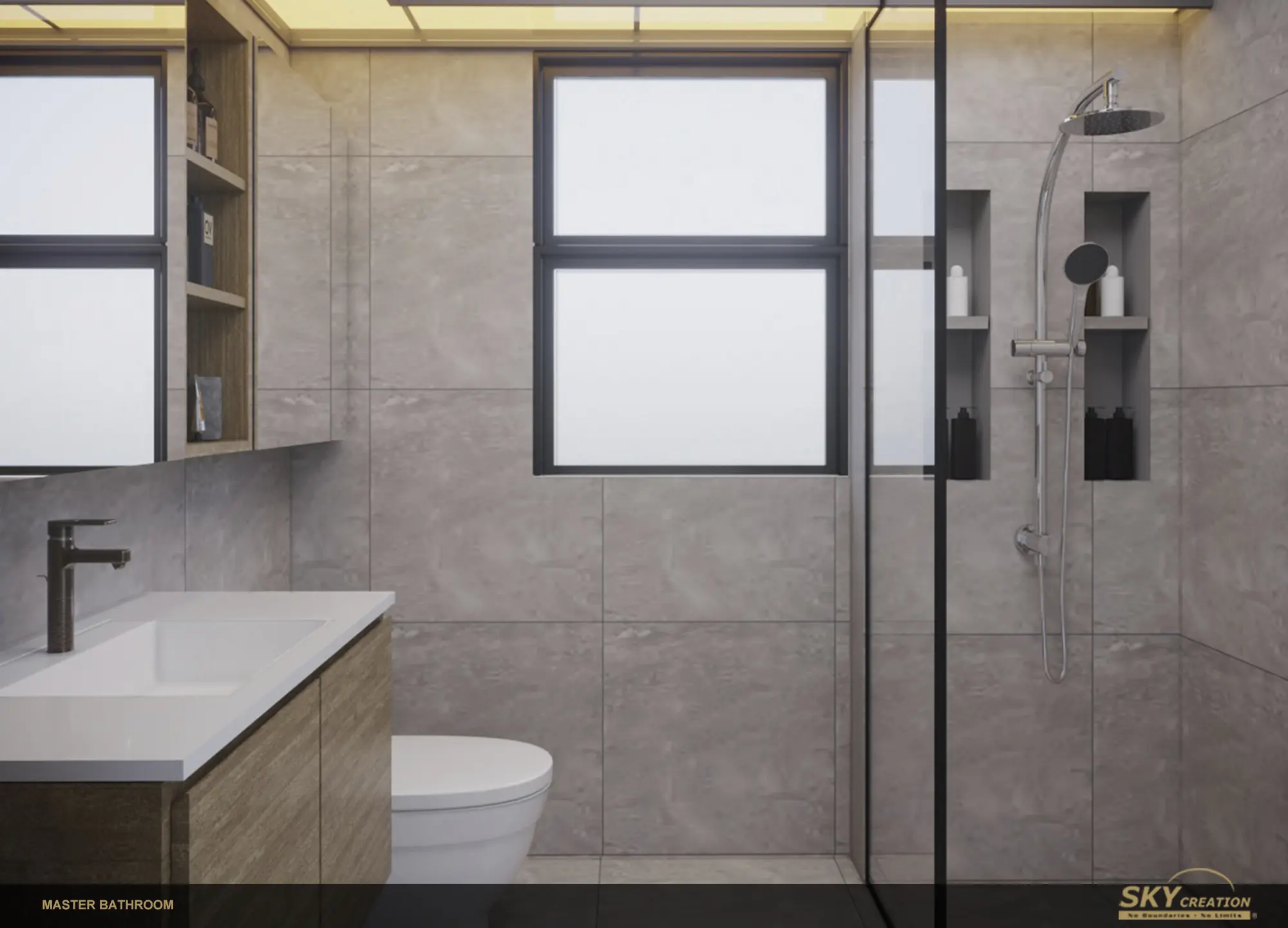 Master bathroom with stone-look surfaces, built-in storage and a defined wet zone
