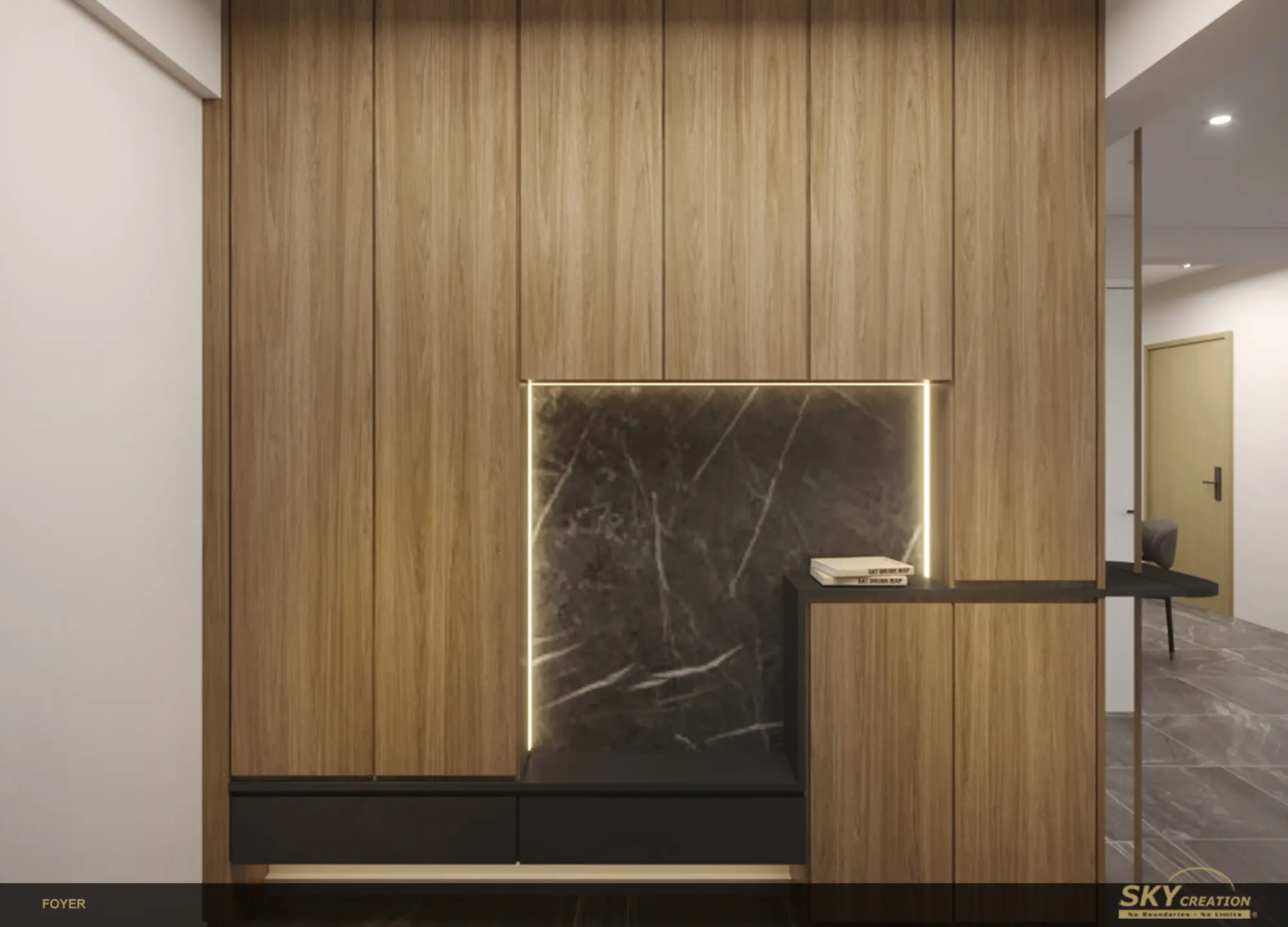 HDB foyer designed with concealed storage and a restrained modern material palette