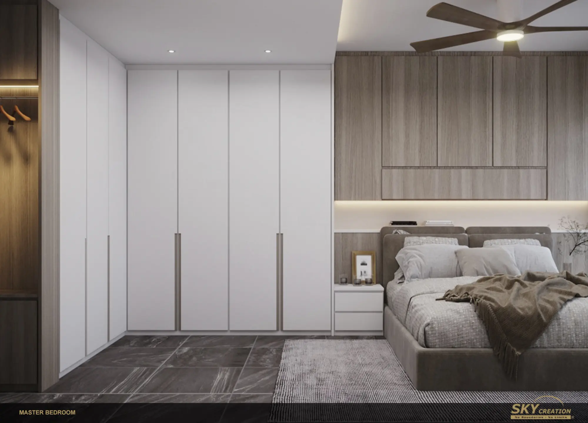Modern minimalist master bedroom with warm timber built-ins and integrated lighting