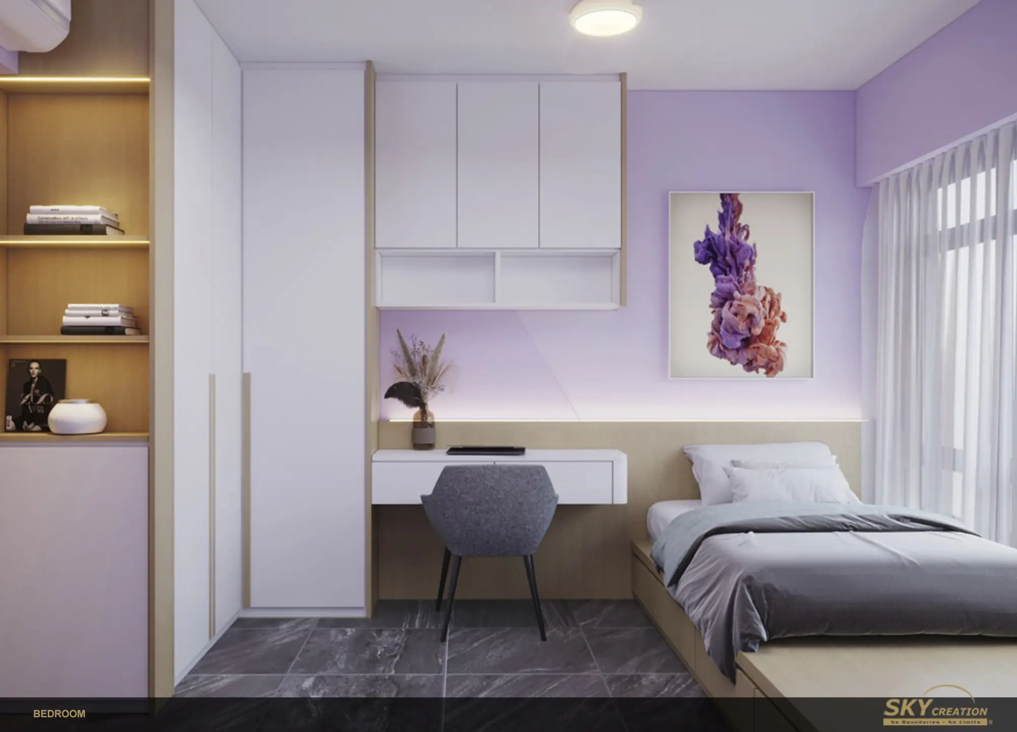 HDB bedroom with space-saving built-in storage and a compact study area