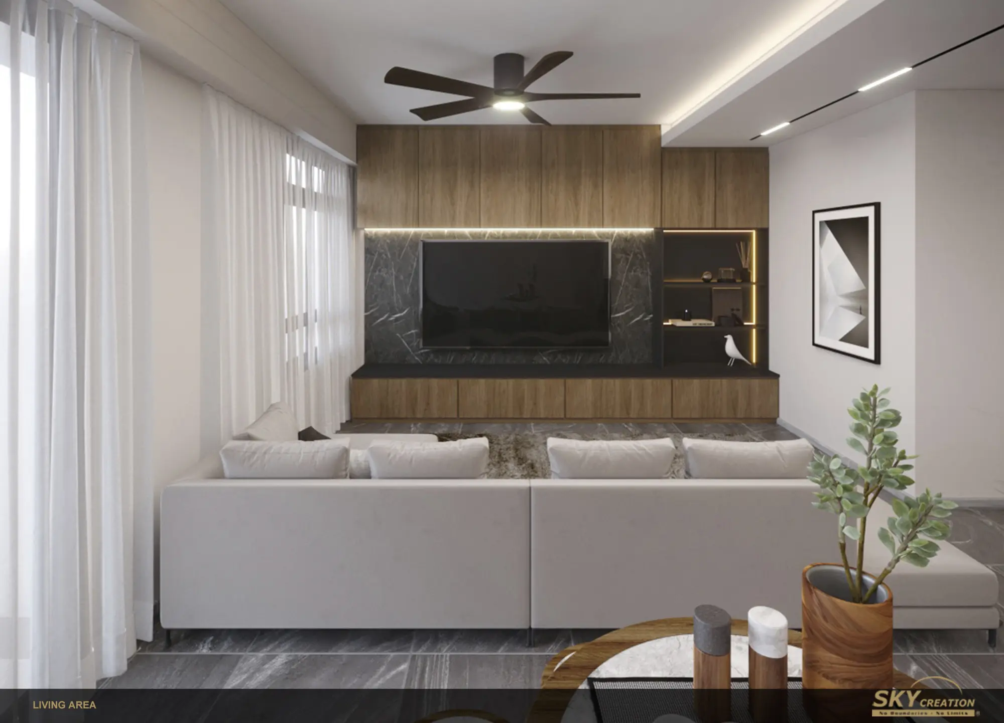 Modern minimalist living area with full-height timber cabinetry and a dark stone TV feature wall