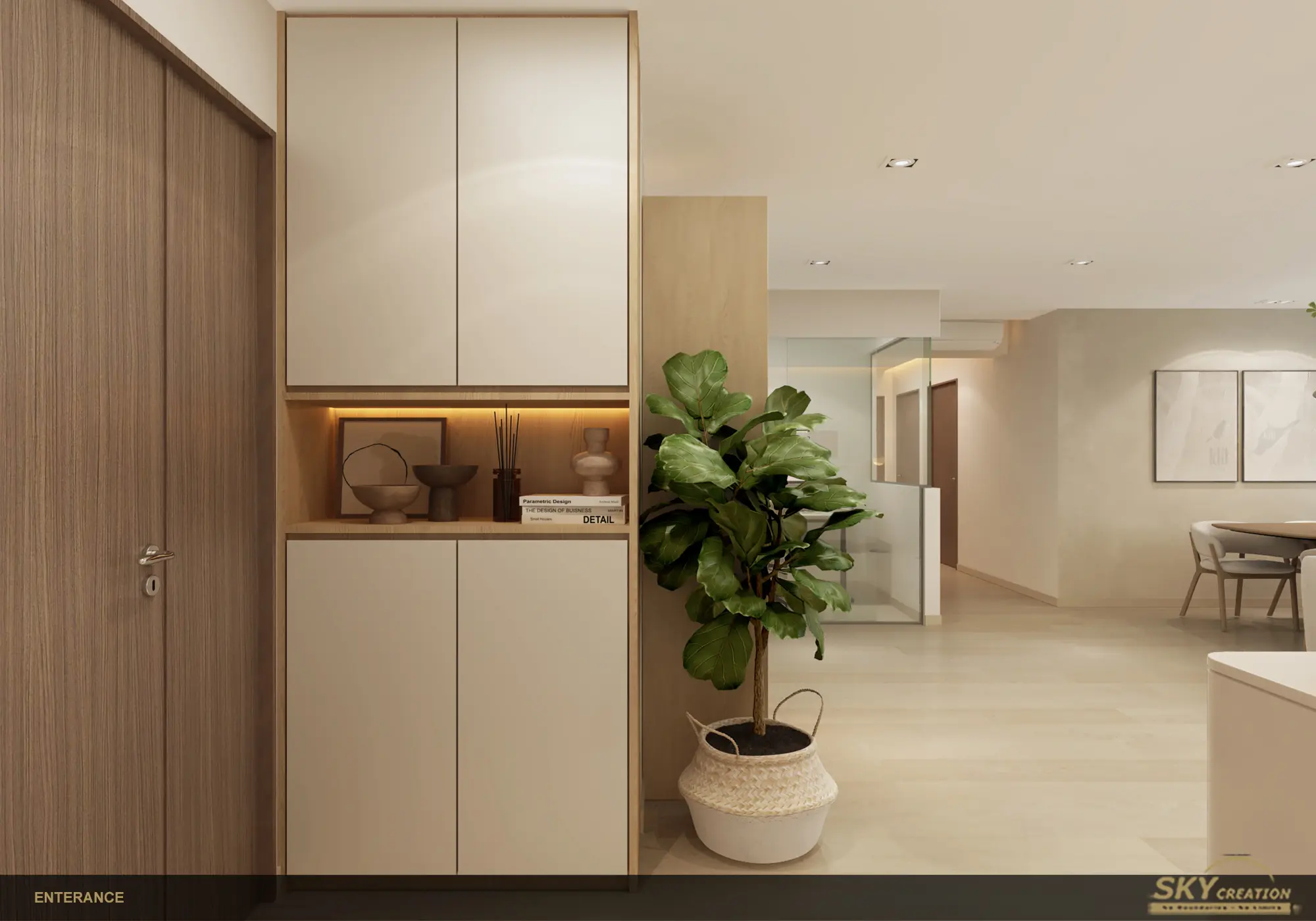 Entrance interior with warm finishes and planting by Sky Creation