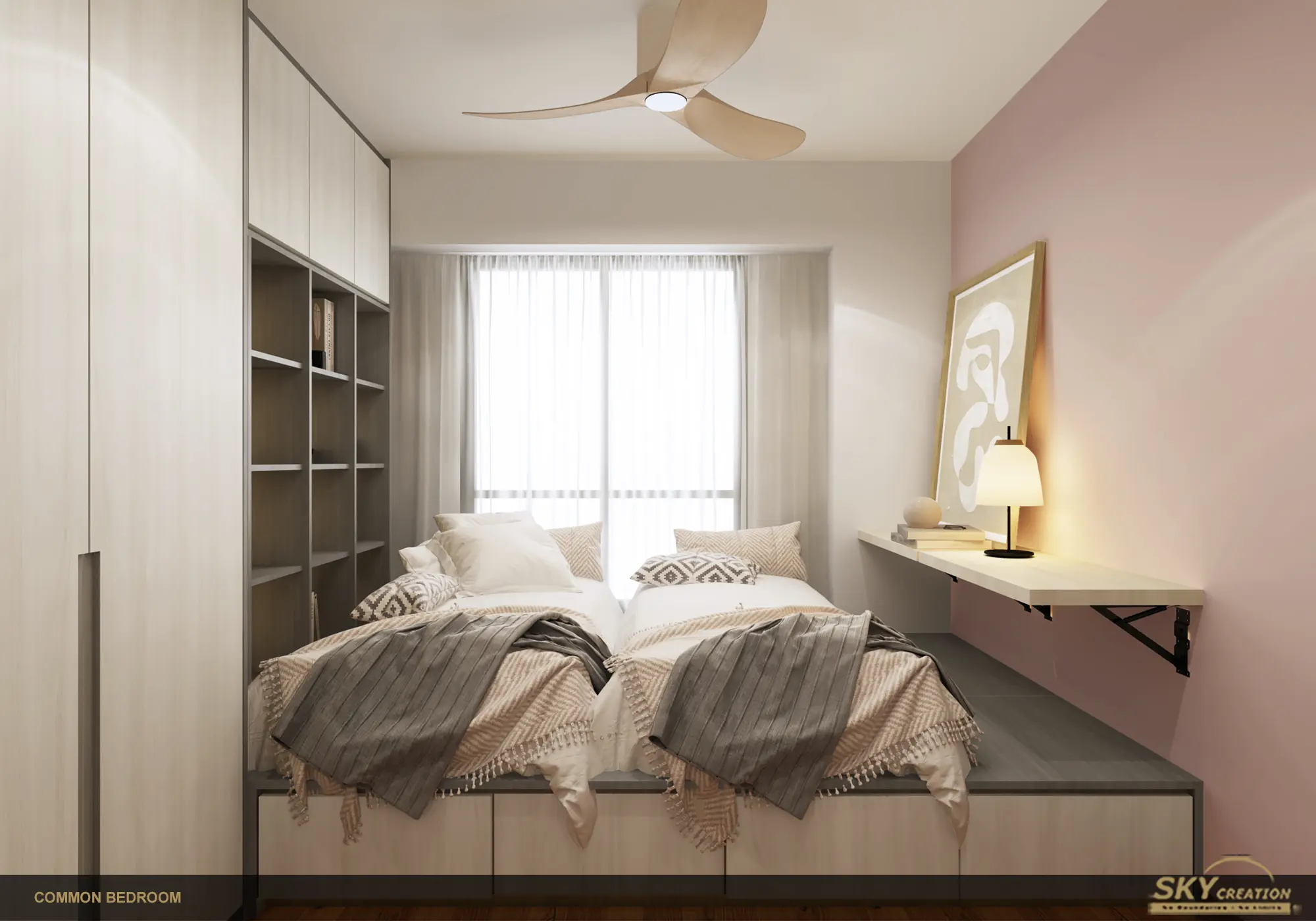 HDB bedroom planned with integrated shelving and a study zone