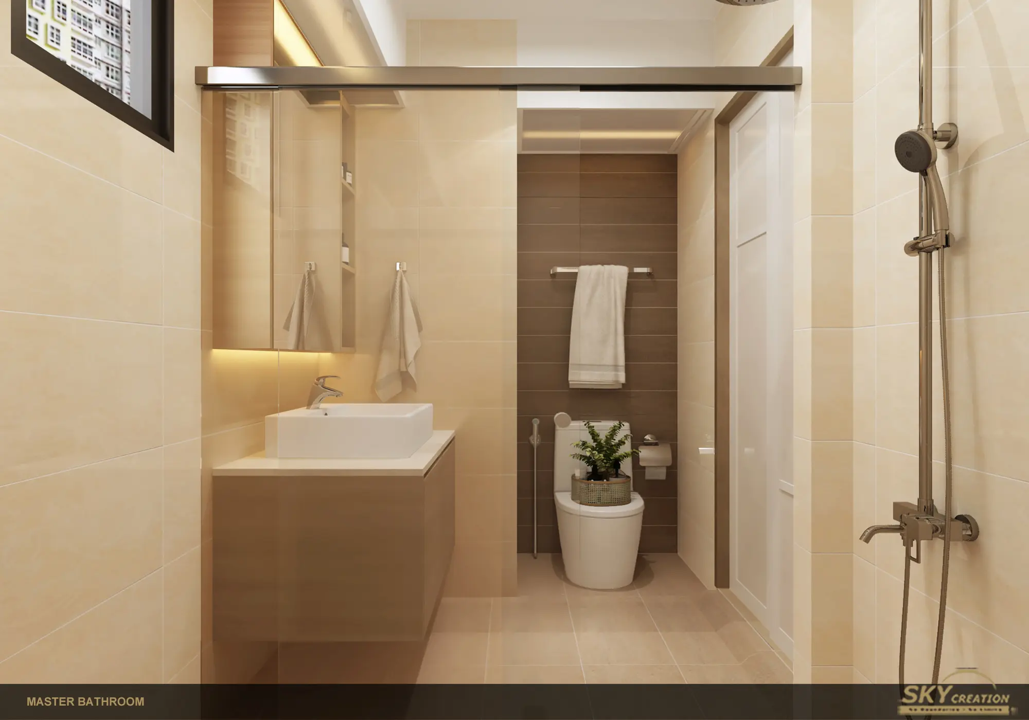 HDB master bathroom with a defined shower zone and warm neutral finishes