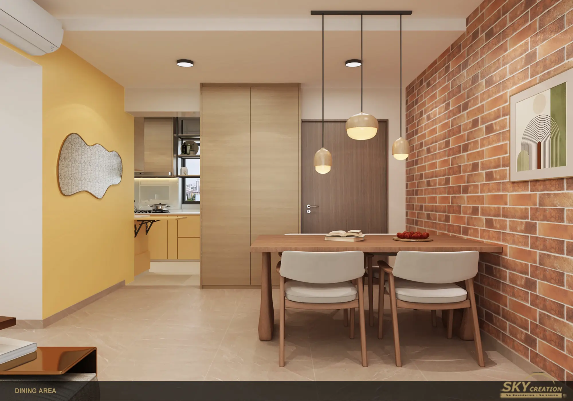 HDB dining area with warm timber furniture and pendant lighting