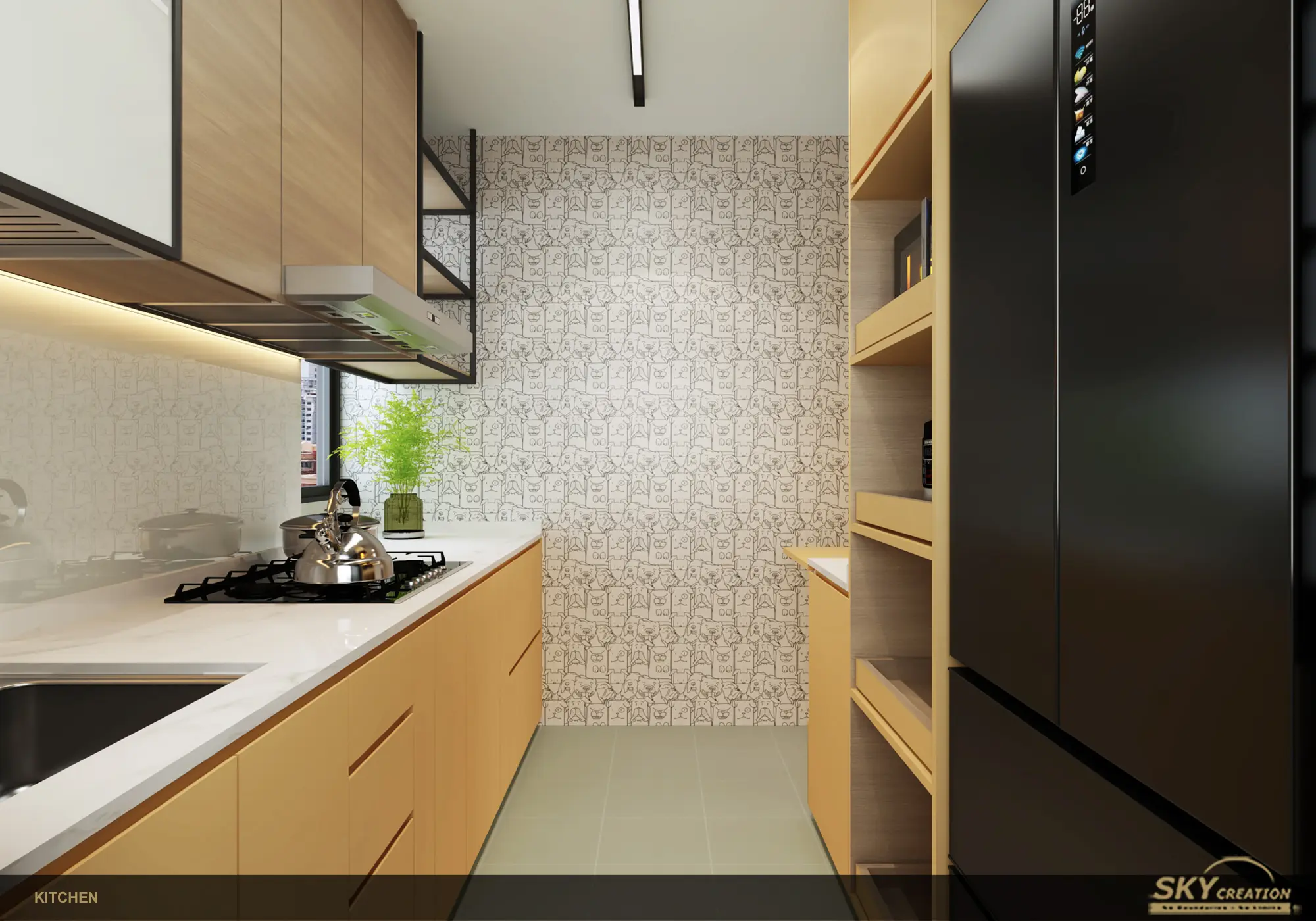 Skyville at Dawson kitchen with efficient storage and a playful patterned accent wall
