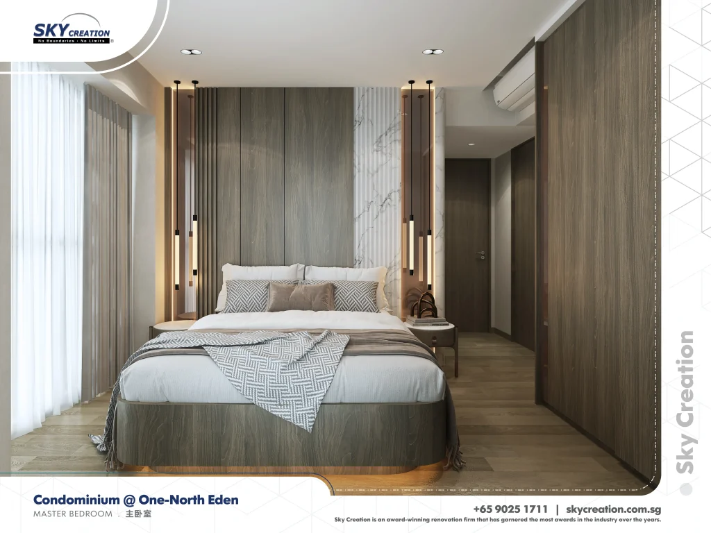 One-North Eden bedroom with wood-toned wall panels and suspended bedside lights