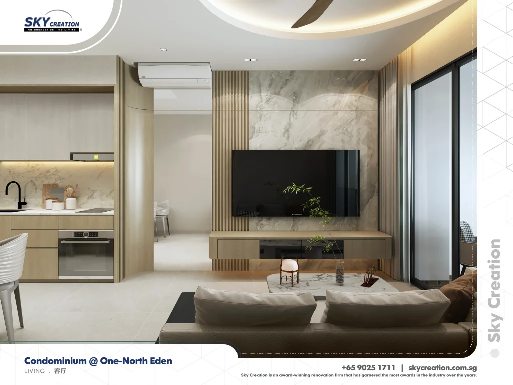 One-North Eden living area with a veined television wall and floating console