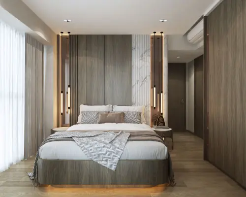 One-North Eden bedroom with wood-toned wall panels and suspended bedside lights