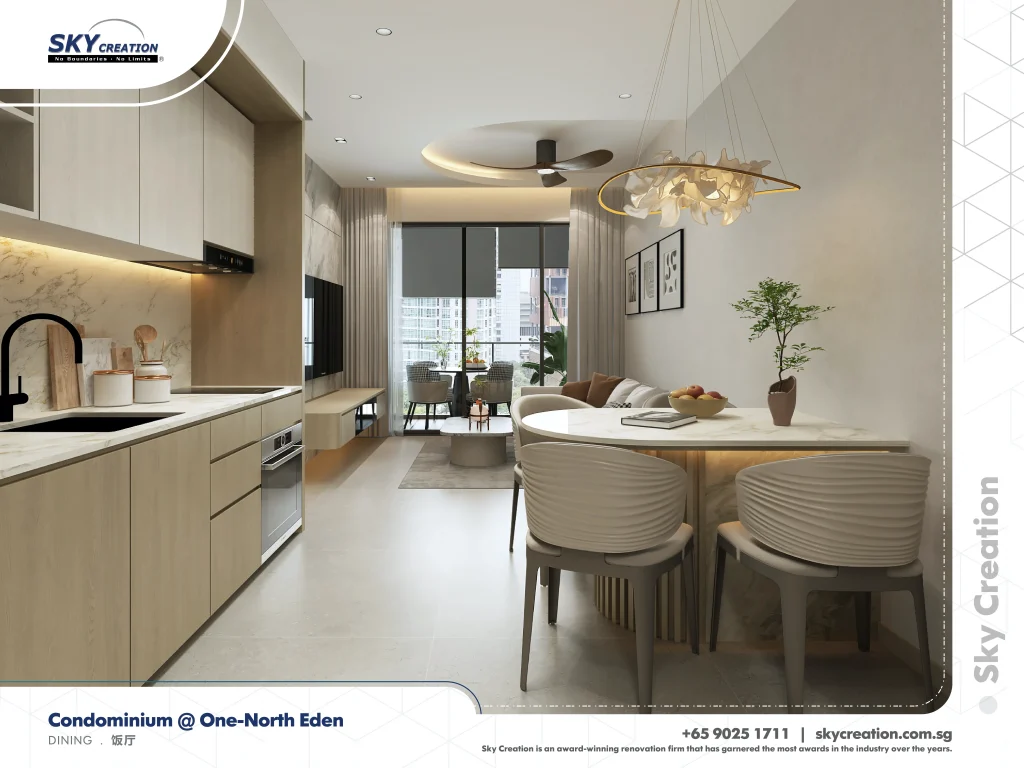 One-North Eden dining table beside the kitchen with the living area beyond