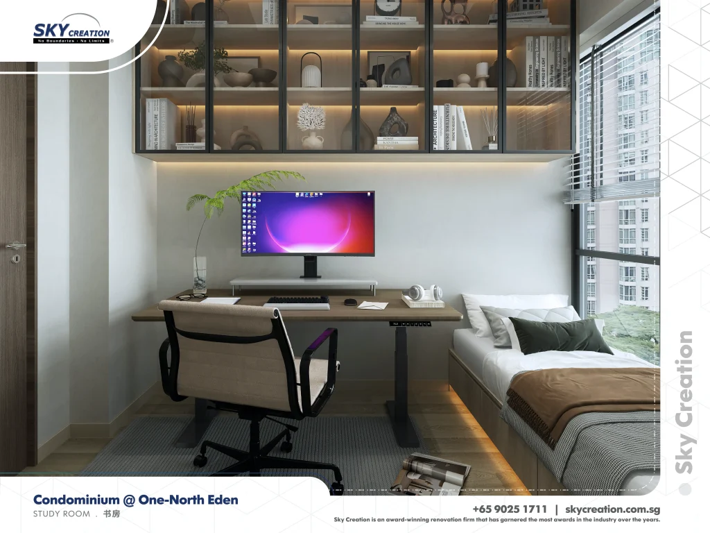 One-North Eden study with illuminated glass-front cabinets and a window-side daybed