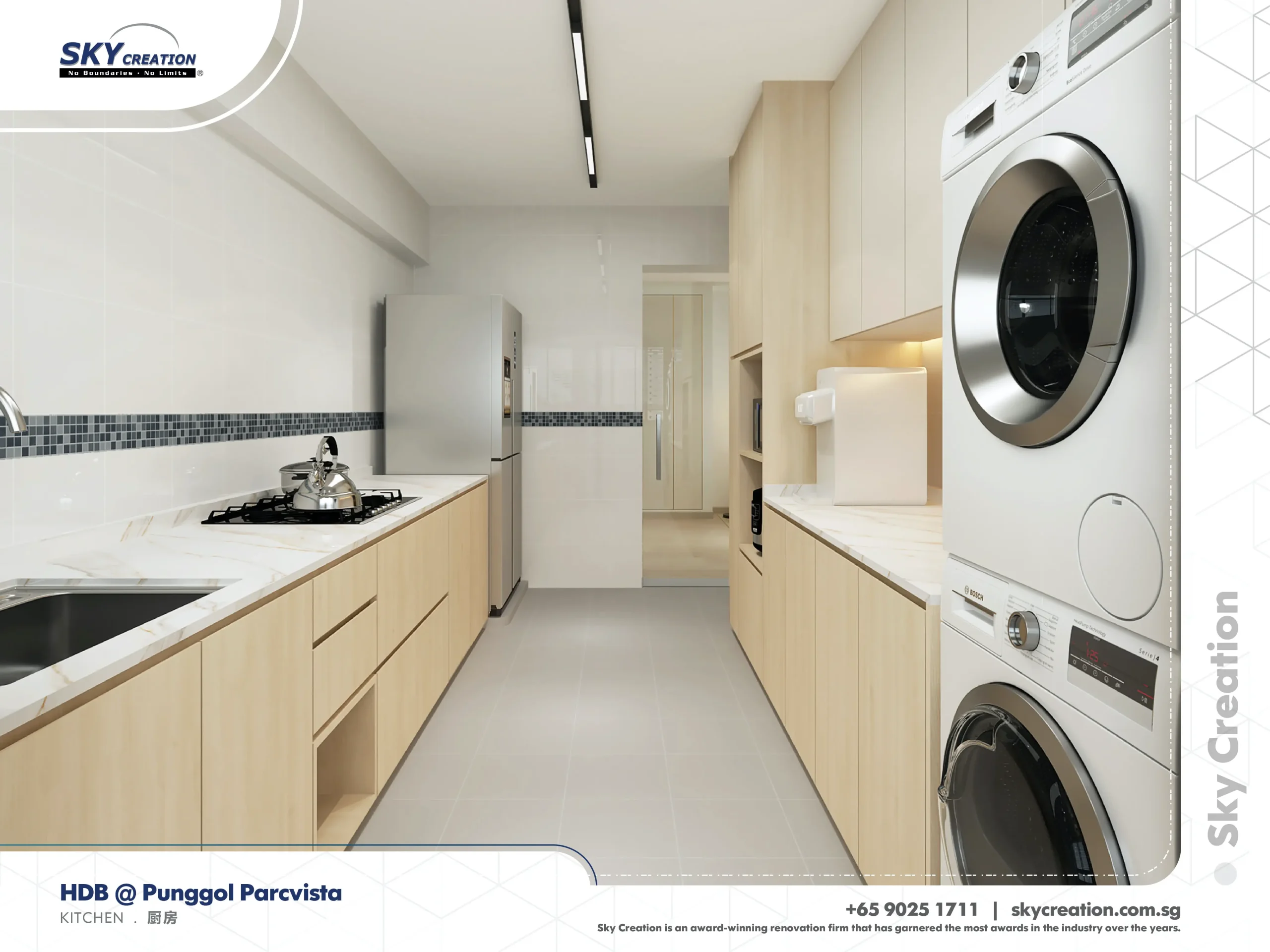 Compact kitchen layout with integrated storage and clear circulation