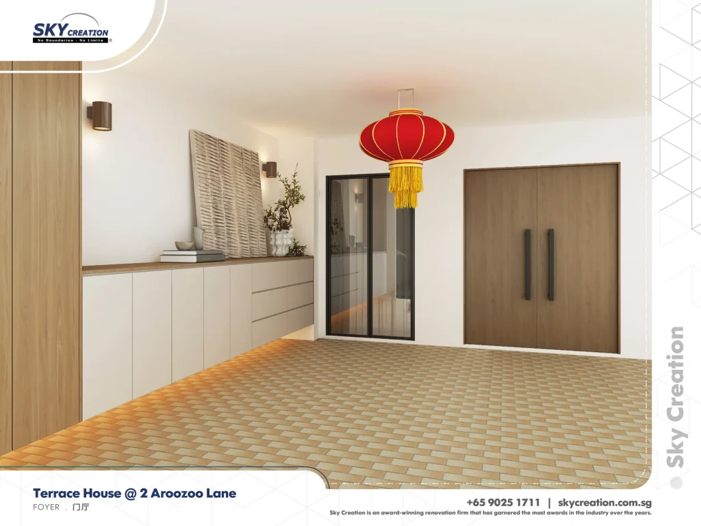 Aroozoo Lane foyer with a red lantern and illuminated cabinets beside double doors