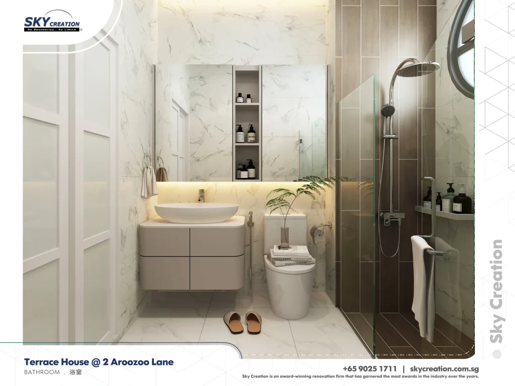 Aroozoo Lane bathroom with a mirrored cabinet and dark shower wall tiles