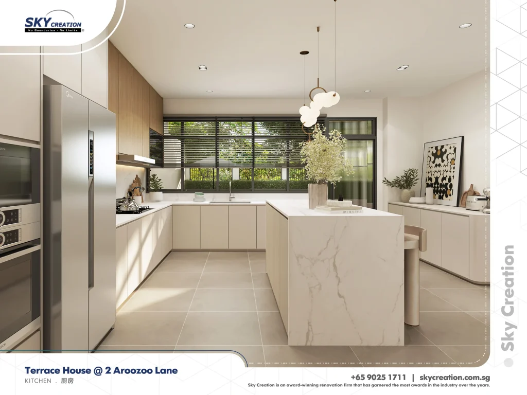 Aroozoo Lane kitchen with a central island and a sink beneath a wide window