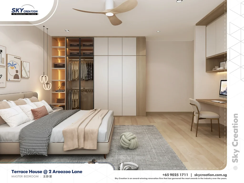 Aroozoo Lane bedroom with glass-front wardrobes and a desk beside the bed