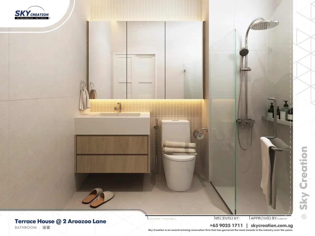 Aroozoo Lane bathroom with a wide mirrored cabinet and floating vanity