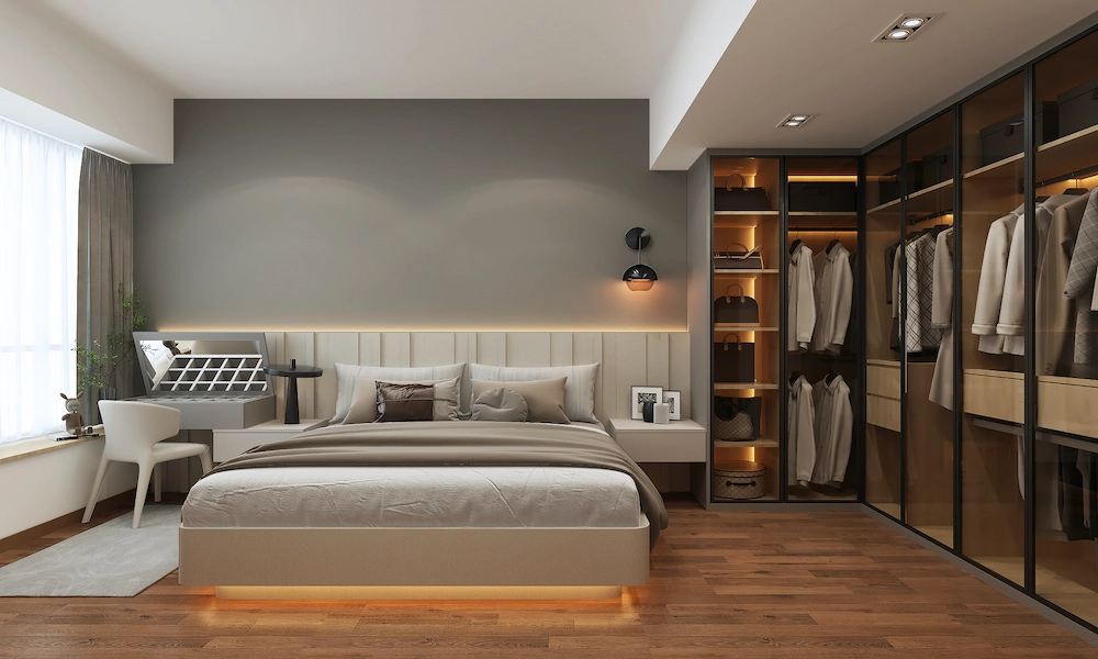 Bedroom project reference with built-in storage and study area