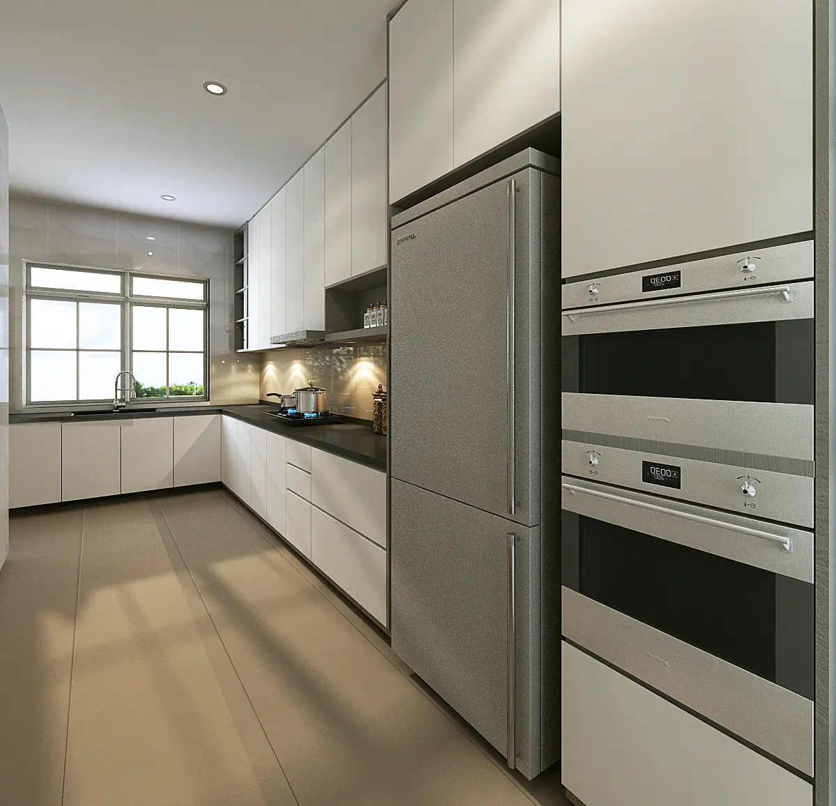 Full kitchen view with continuous cabinetry and a clean working surface