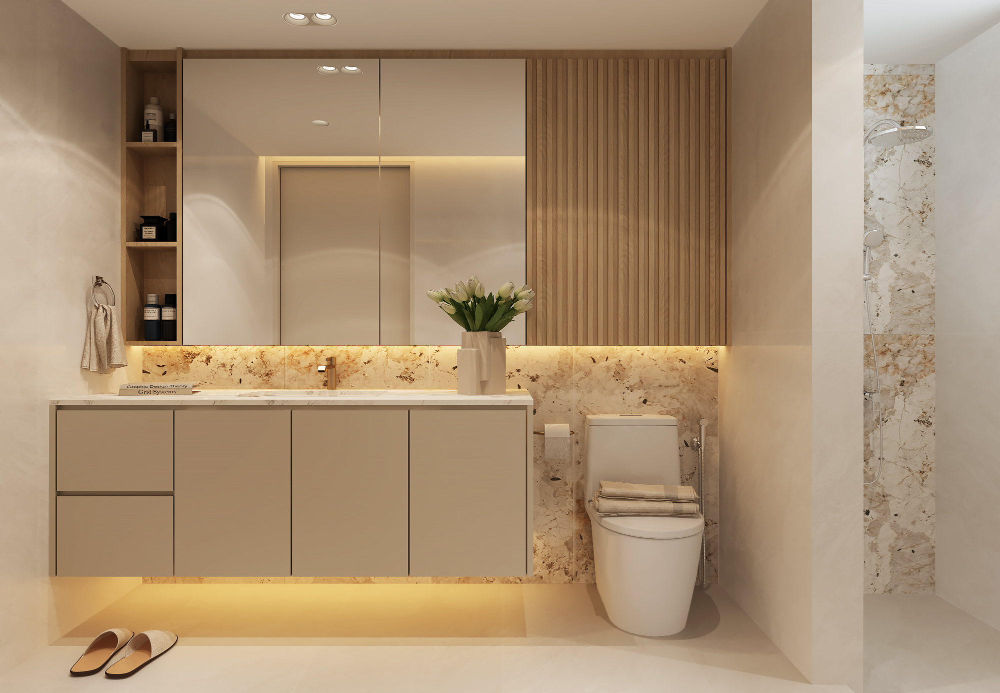 Summer Villas bathroom with integrated vanity storage and warm marble-look surfaces