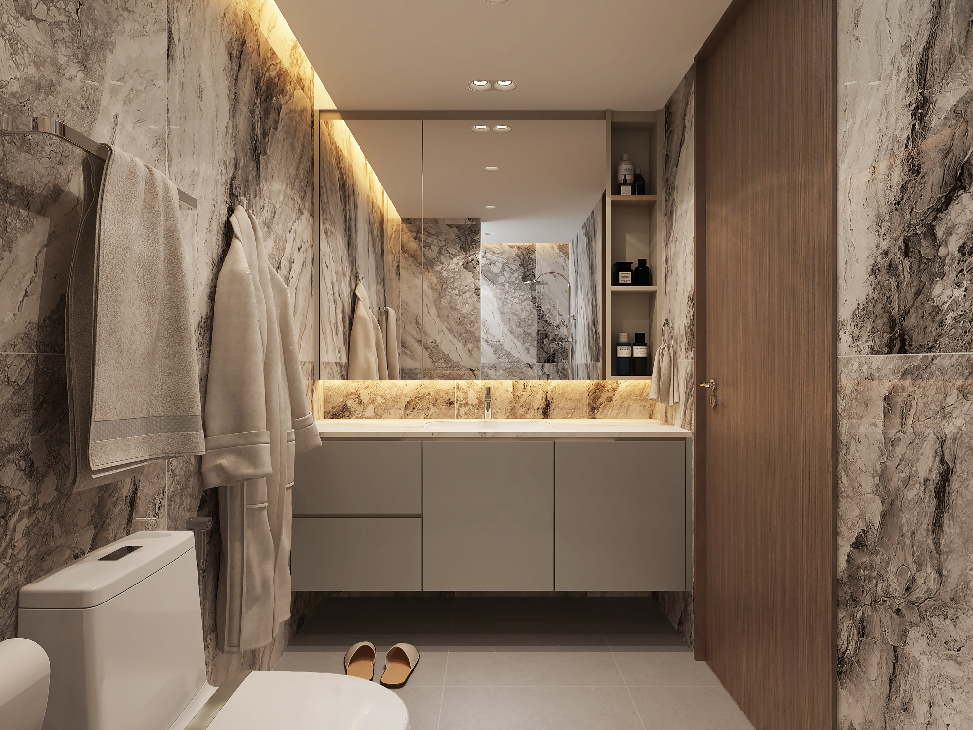 Landed home interior with a refined neutral palette and layered lighting
