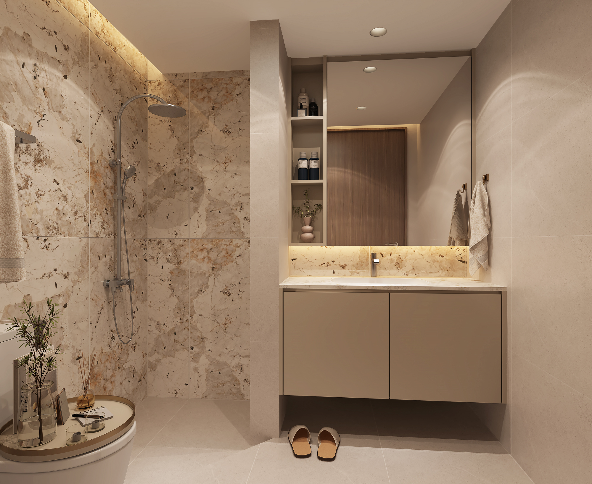 Summer Villas living space with integrated cabinetry and fluted timber details