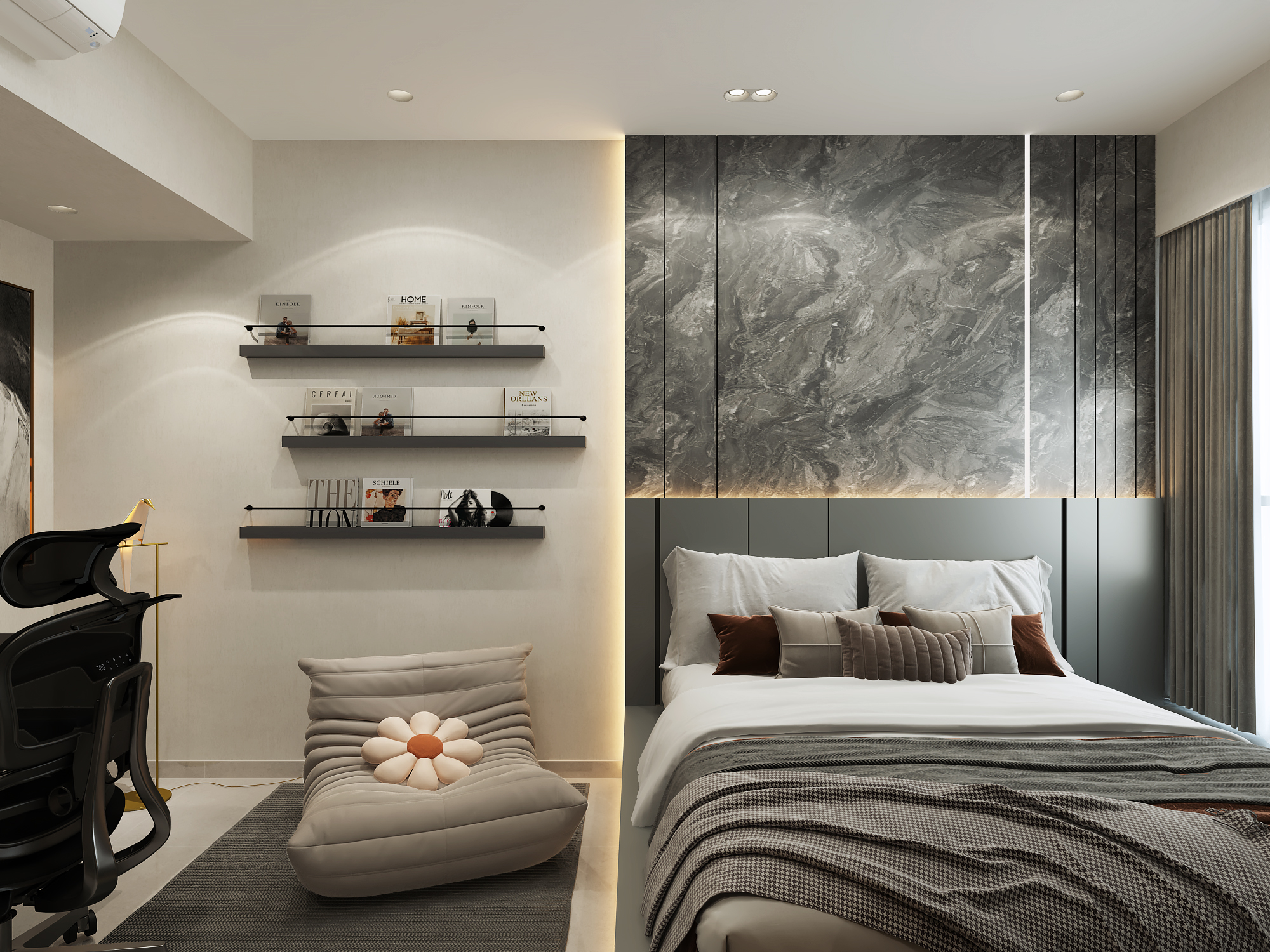 Landed dining and circulation area coordinated through a calm material palette