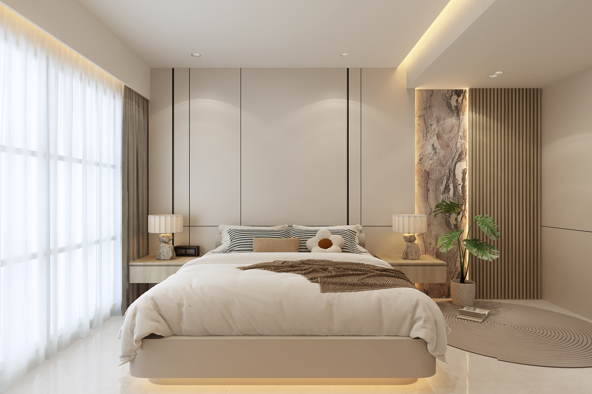Summer Villas bedroom with a warm contemporary material palette