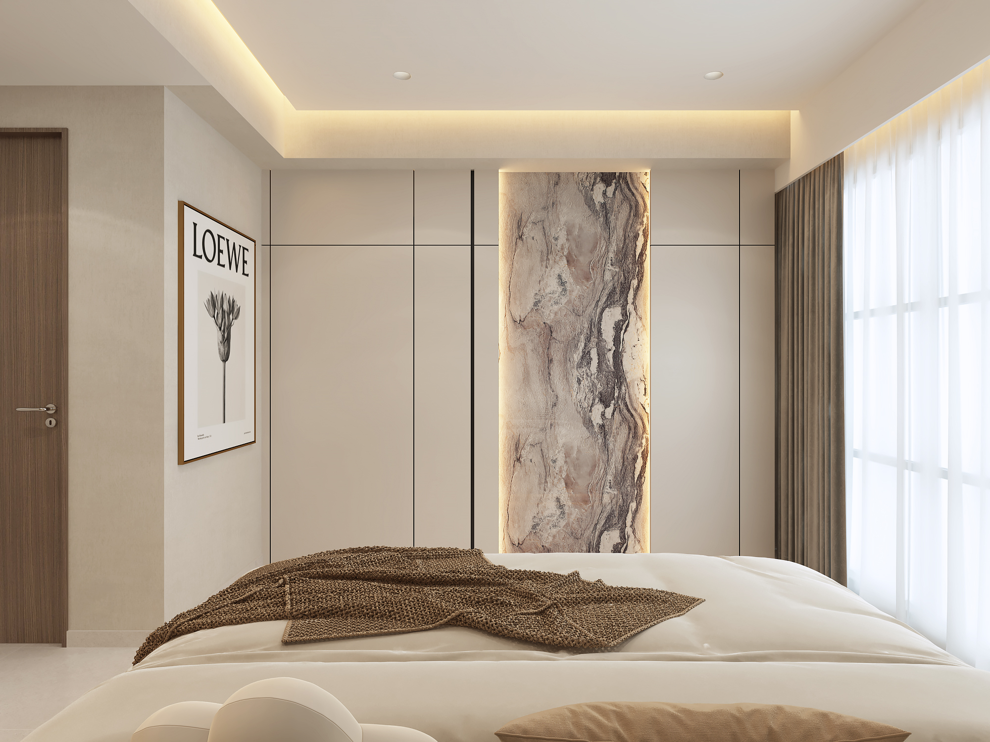 Landed bedroom planned with full-height cabinetry and layered lighting