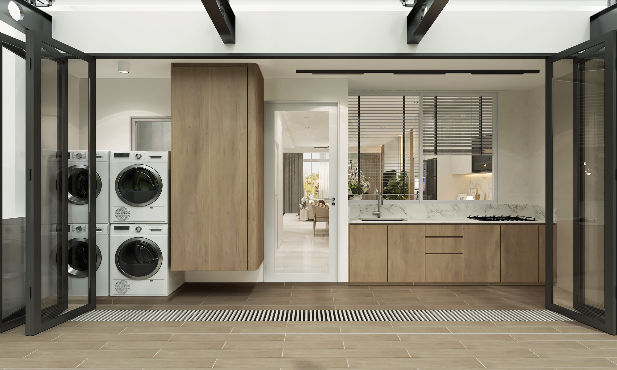 Landed home bathroom with practical storage and stone-look surfaces