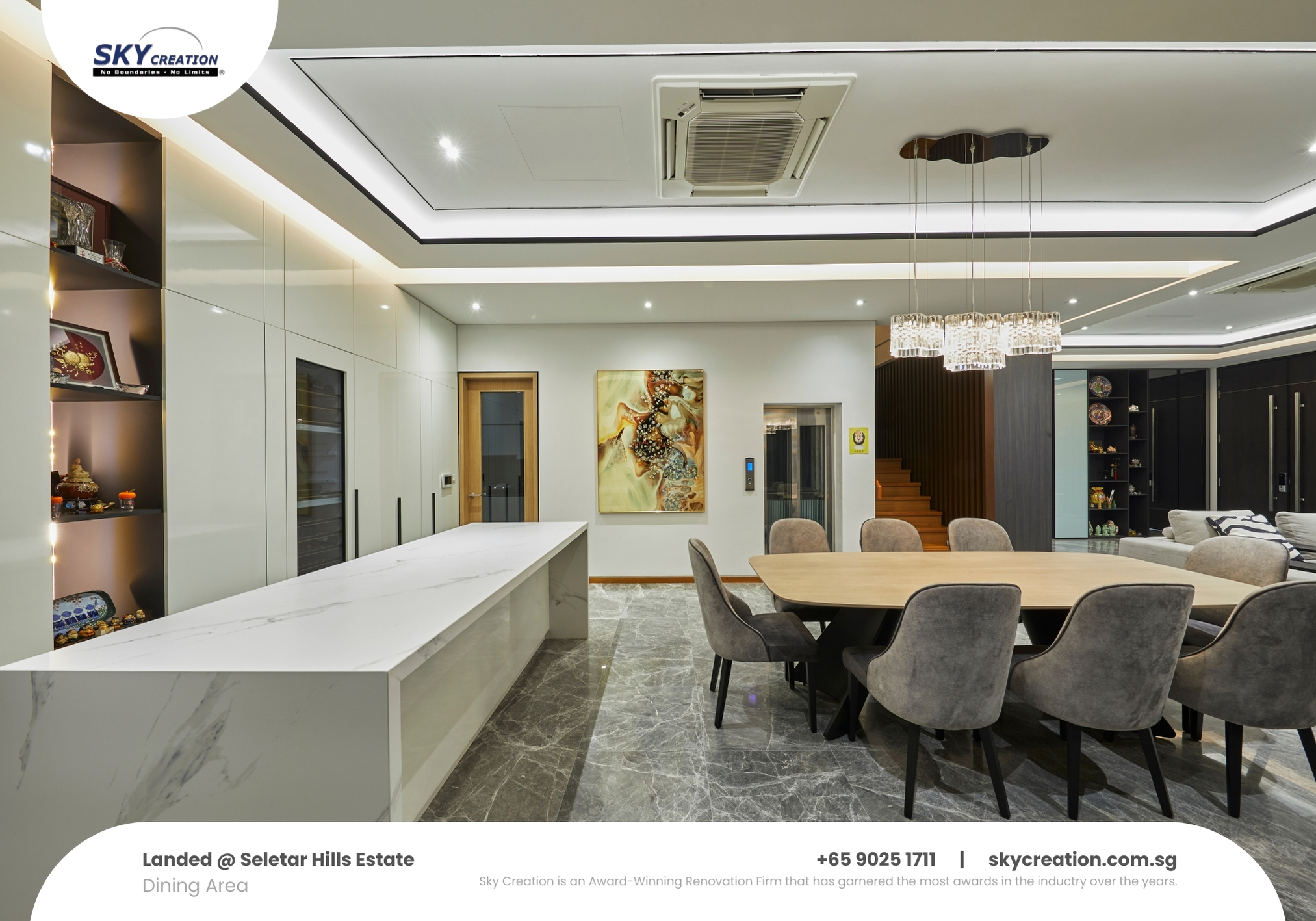 Real landed renovation dining area with custom cabinetry by Sky Creation in Singapore