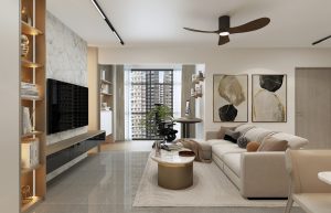 HDB Compassvale Modern Japandi living area 3D interior design