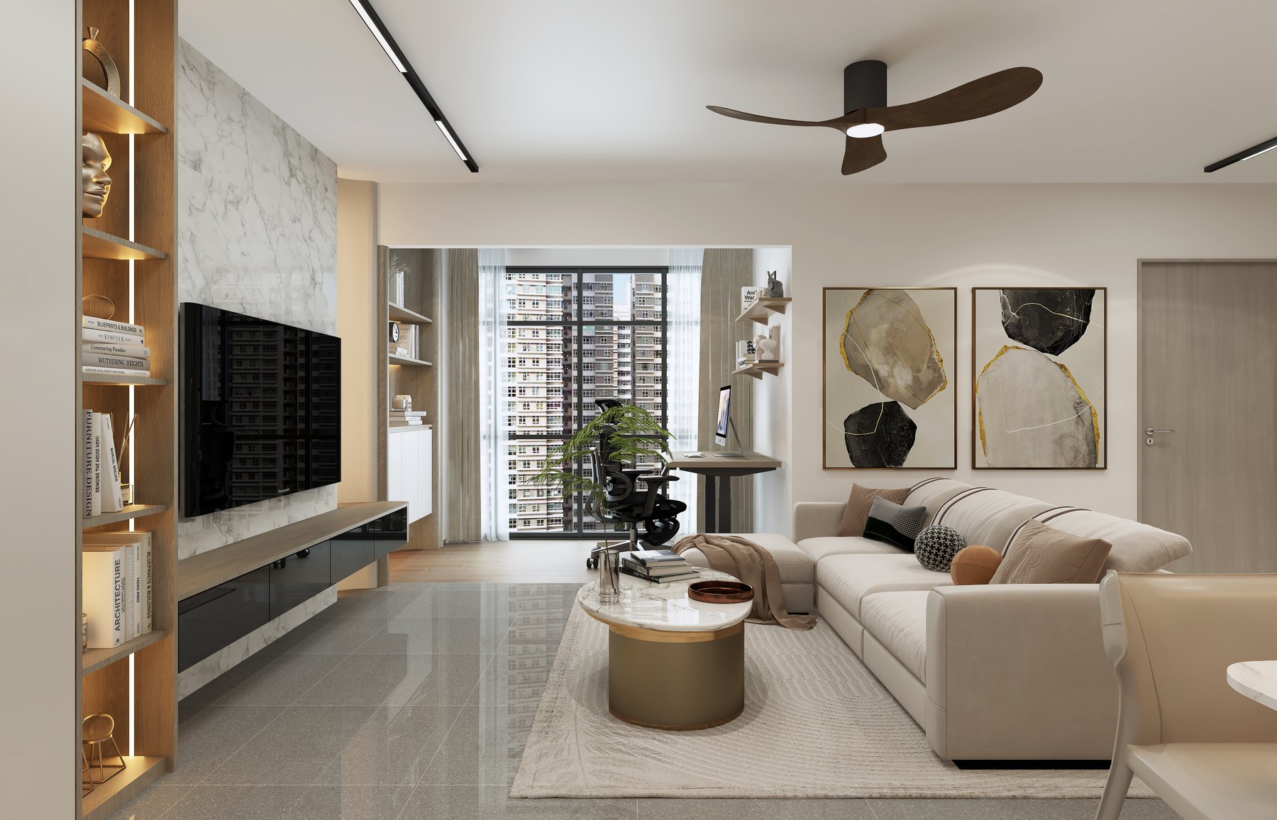 HDB Compassvale Modern Japandi living area 3D interior design