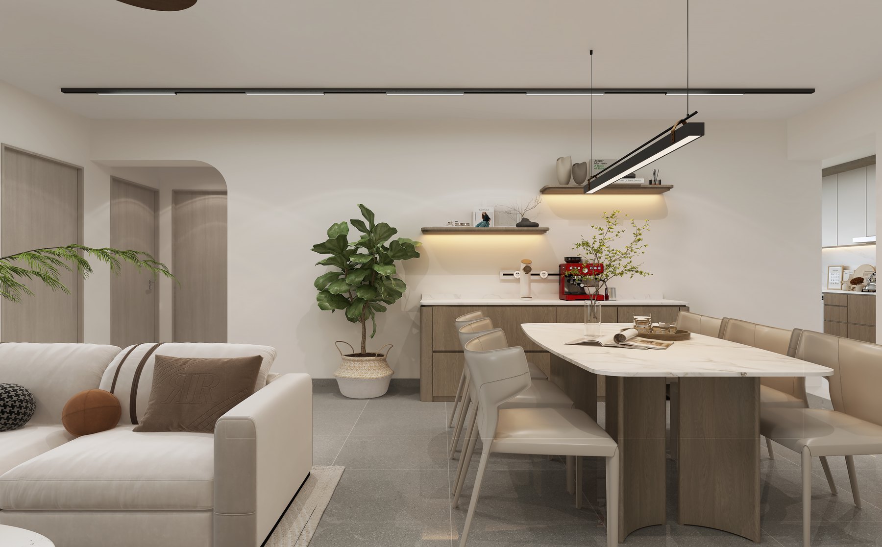 HDB Compassvale Modern Japandi dining area 3D interior design