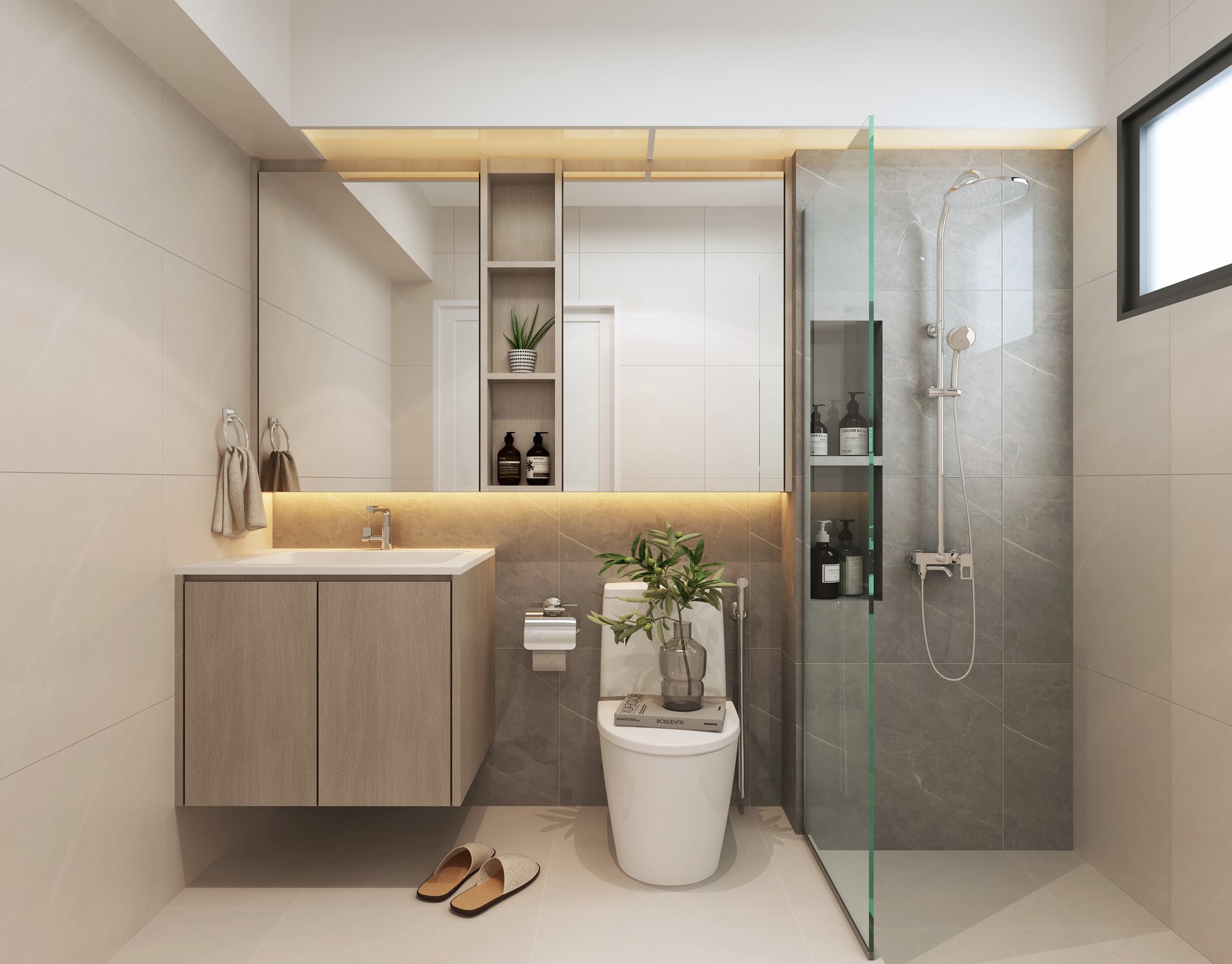 HDB Compassvale Modern Japandi common bathroom 3D interior design