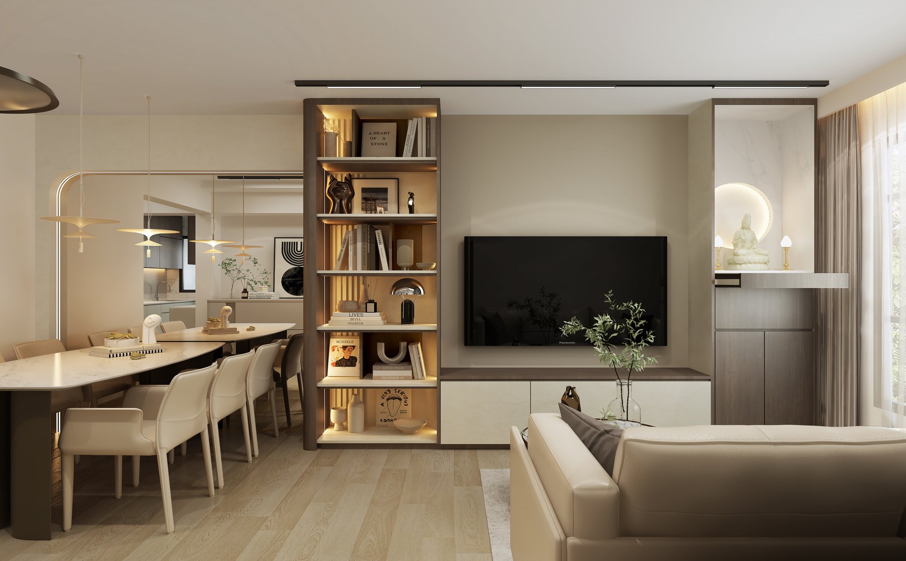 HDB Plantation Creek Modern Mid Century living area 3D interior design