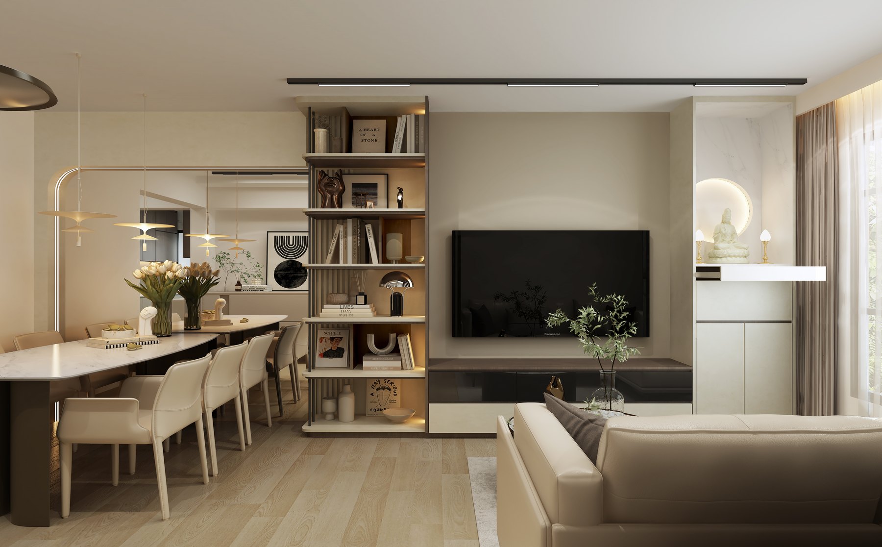 HDB Plantation Creek Modern Mid Century living area 3D interior design