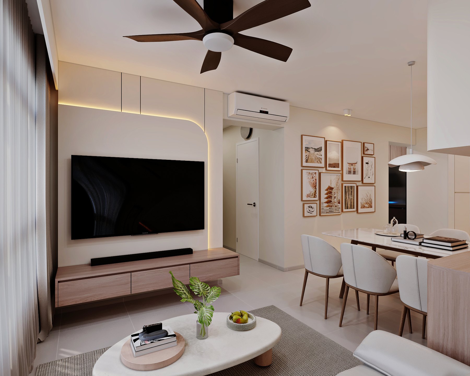 HDB Bishan Ridges Modern Mid Century living area 3D interior design