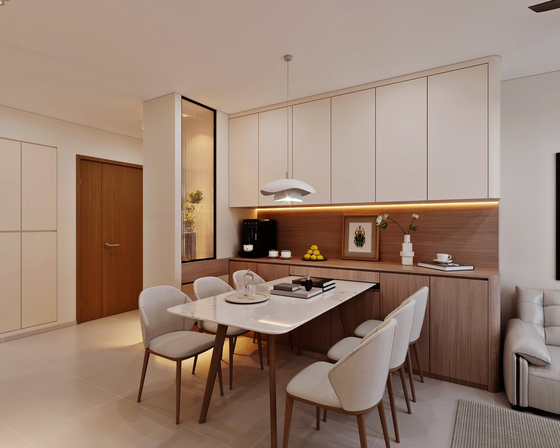 HDB Bishan Ridges Modern Mid Century dining area 3D interior design