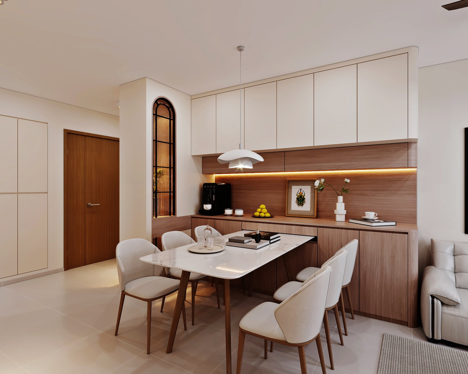HDB Bishan Ridges Modern Mid Century dining area 3D interior design