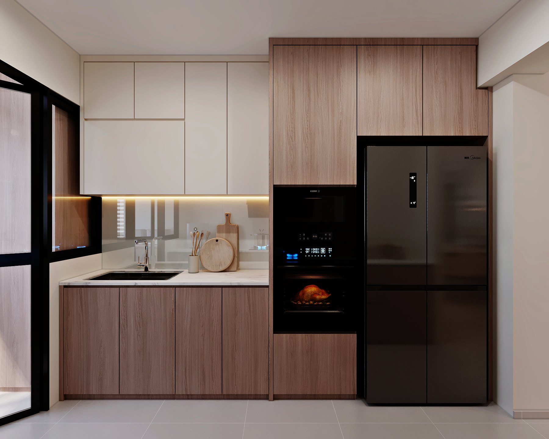 HDB Bishan Ridges Modern Mid Century kitchen 3D interior design