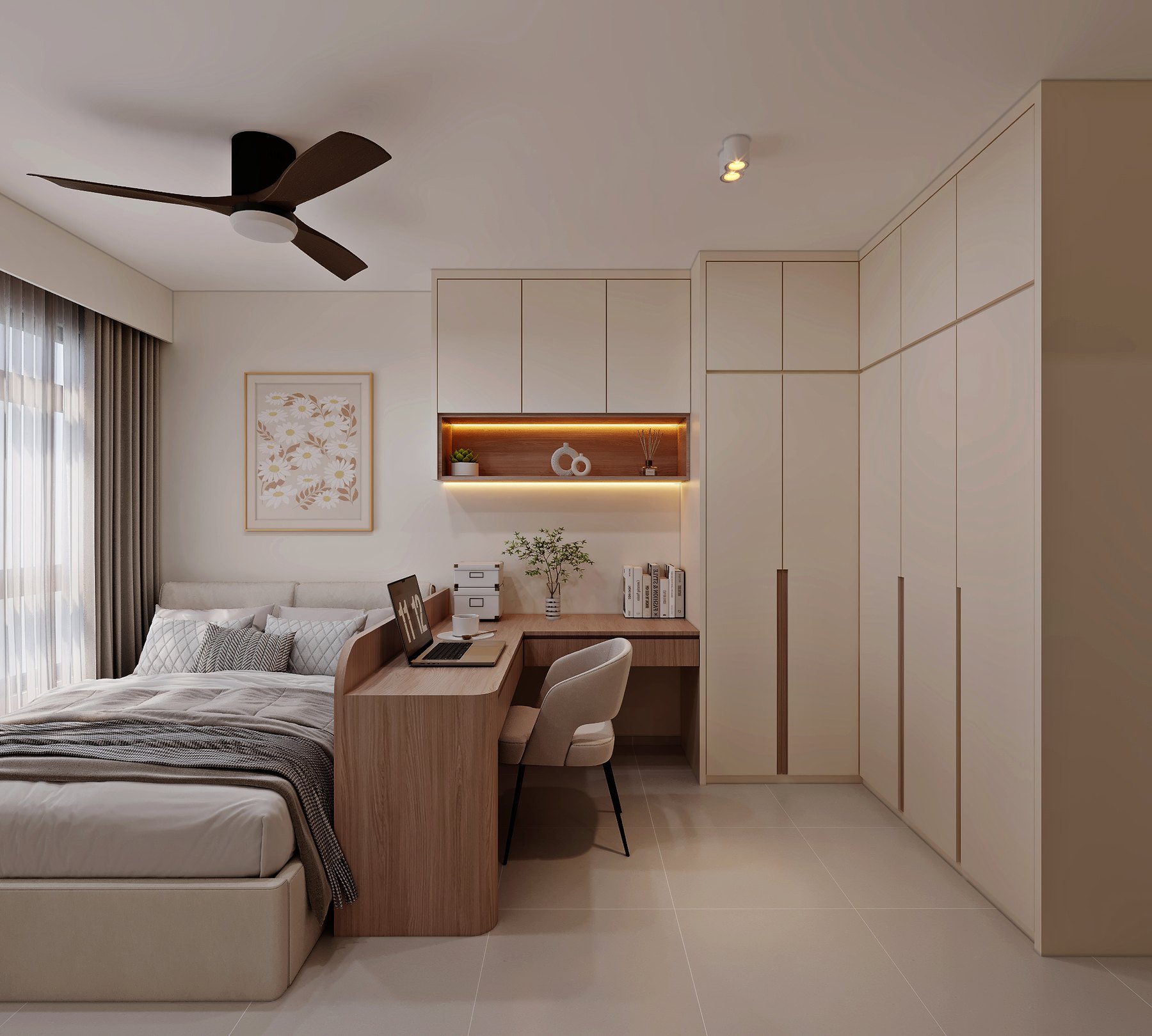 HDB Bishan Ridges Modern Mid Century bedroom 3D interior design