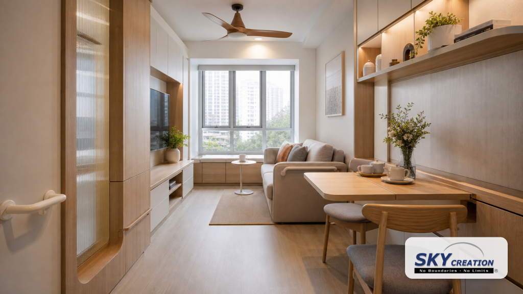Compact 2-room flexi renovation in Singapore with built-in storage and clear walkways by Sky Creation