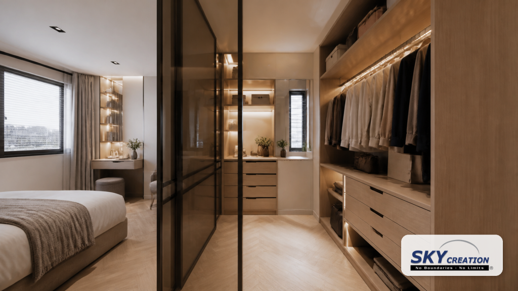 HDB walk-in wardrobe in Singapore with warm built-in carpentry, lighting and clear walkway by Sky Creation
